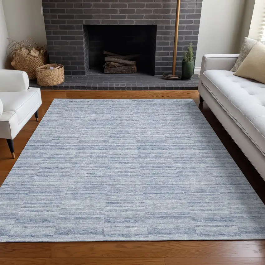 Sky Blue And Ivory Striped Washable Area Rug With UV Protection Photo 5