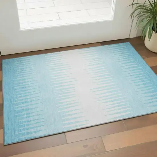 Sky Blue And Ivory Striped Washable Area Rug With UV Protection Photo 1
