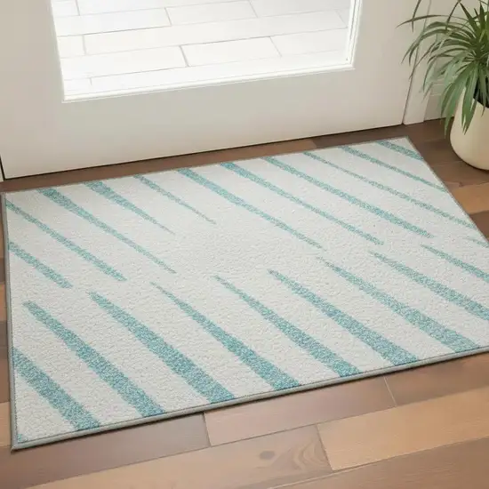 Sky Blue And Ivory Striped Washable Area Rug With UV Protection Photo 2