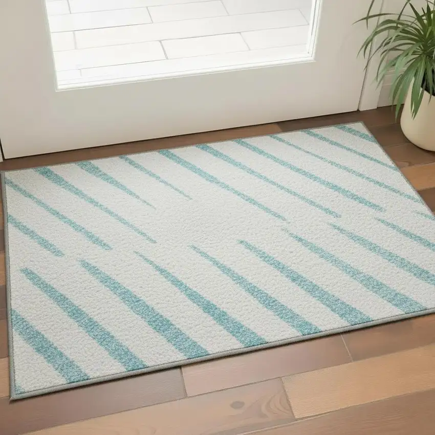 Sky Blue And Ivory Striped Washable Area Rug With UV Protection Photo 2