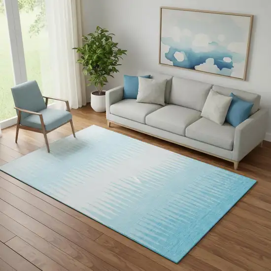 Sky Blue And Ivory Striped Washable Area Rug With UV Protection Photo 1