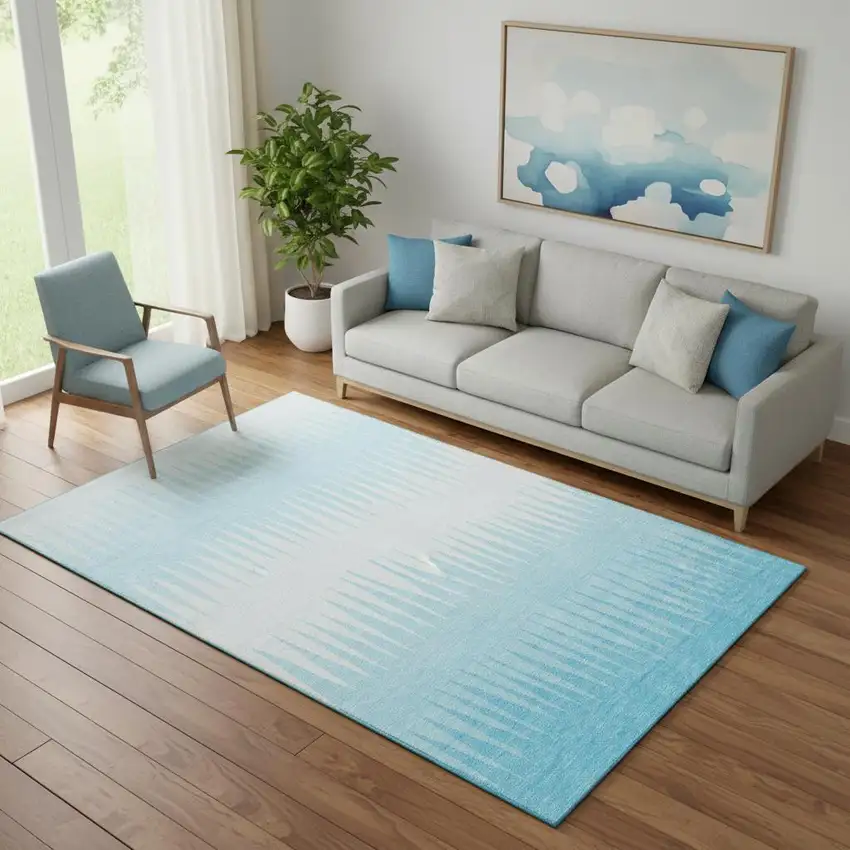 Sky Blue And Ivory Striped Washable Area Rug With UV Protection Photo 1