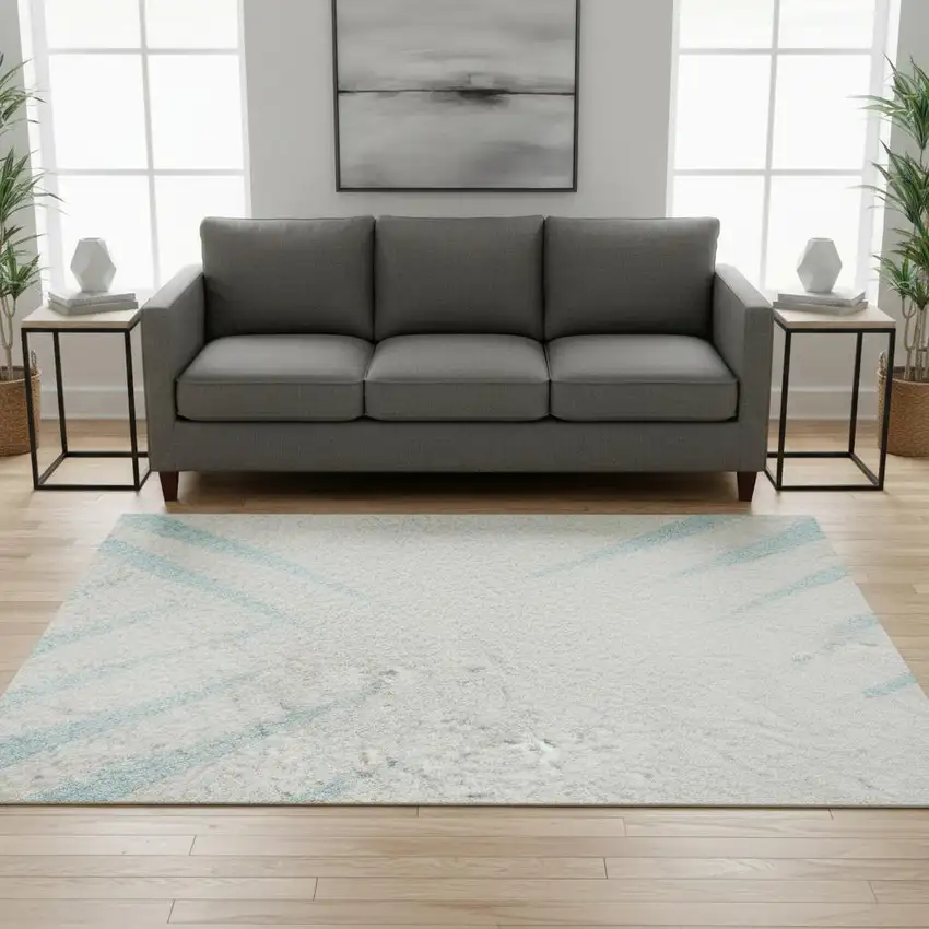 Sky Blue And Ivory Striped Washable Area Rug With UV Protection Photo 2