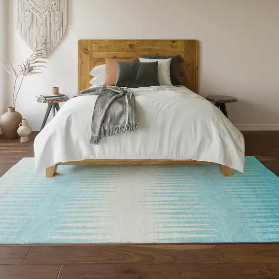 Sky Blue And Ivory Striped Washable Area Rug With UV Protection Photo 5