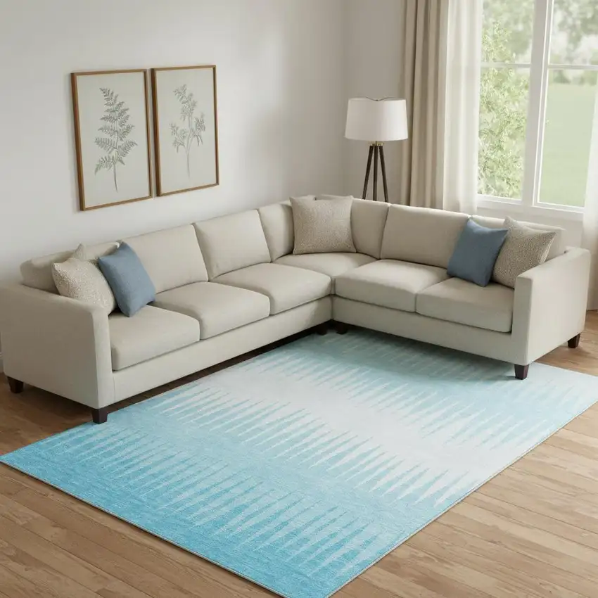 Sky Blue And Ivory Striped Washable Area Rug With UV Protection Photo 1