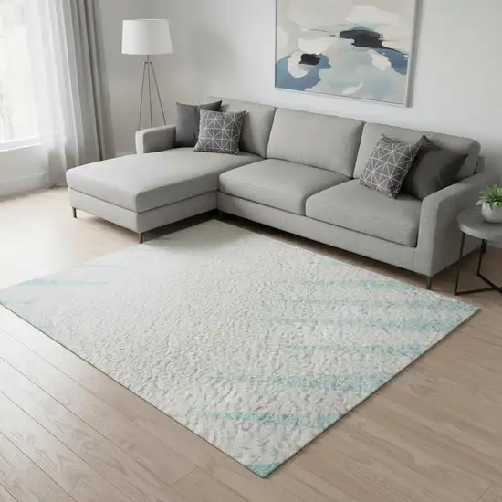 Sky Blue And Ivory Striped Washable Area Rug With UV Protection Photo 2