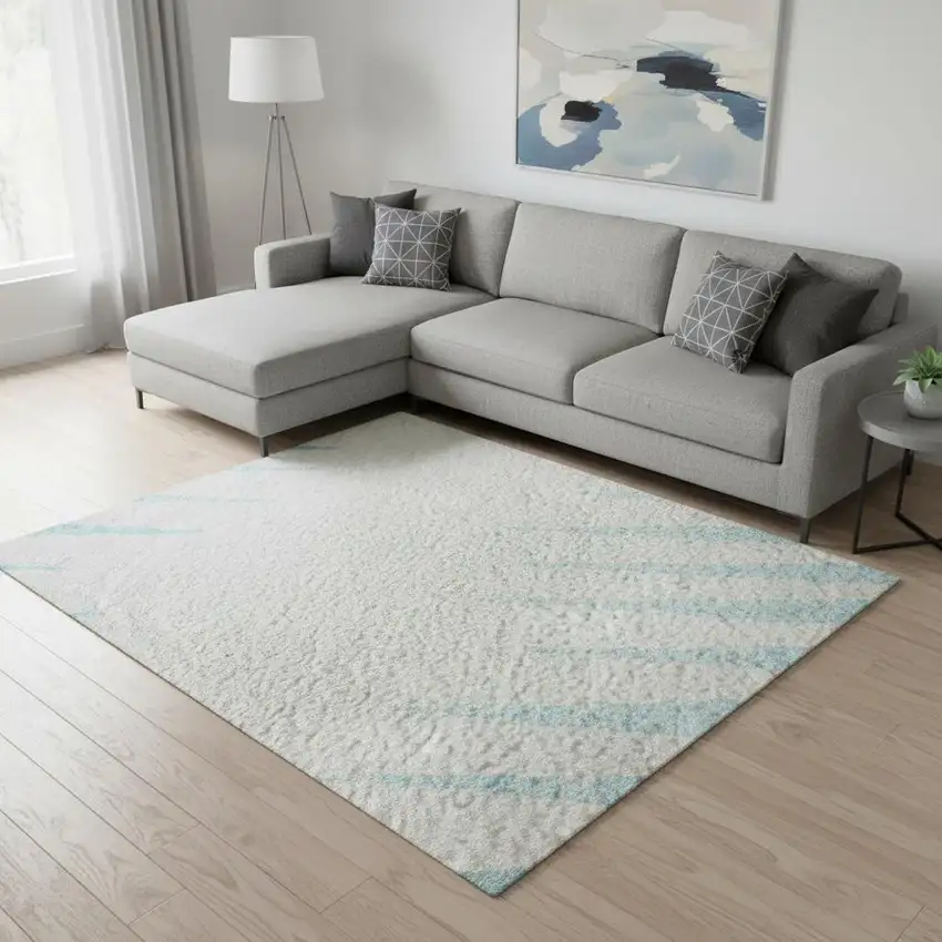 Sky Blue And Ivory Striped Washable Area Rug With UV Protection Photo 2