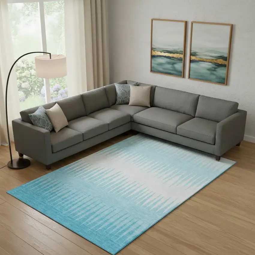 Sky Blue And Ivory Striped Washable Area Rug With UV Protection Photo 1