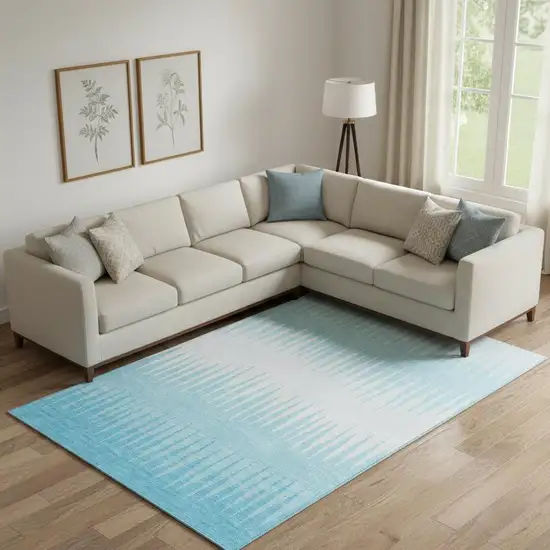 Sky Blue And Ivory Striped Washable Area Rug With UV Protection Photo 1