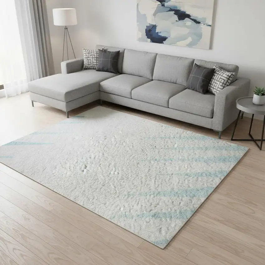 Sky Blue And Ivory Striped Washable Area Rug With UV Protection Photo 2