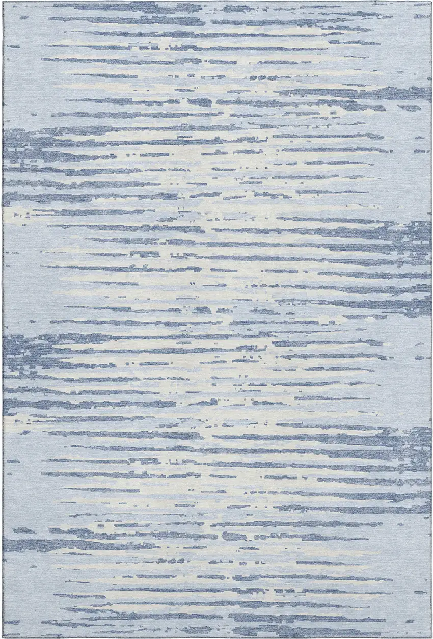 Sky Blue And Ivory Striped Washable Area Rug With UV Protection Photo 1