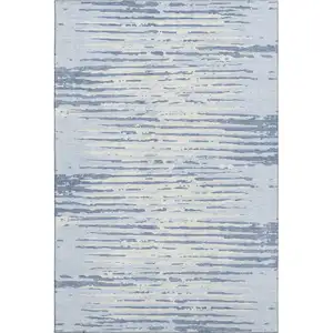 Photo of Sky Blue And Ivory Striped Washable Area Rug With UV Protection