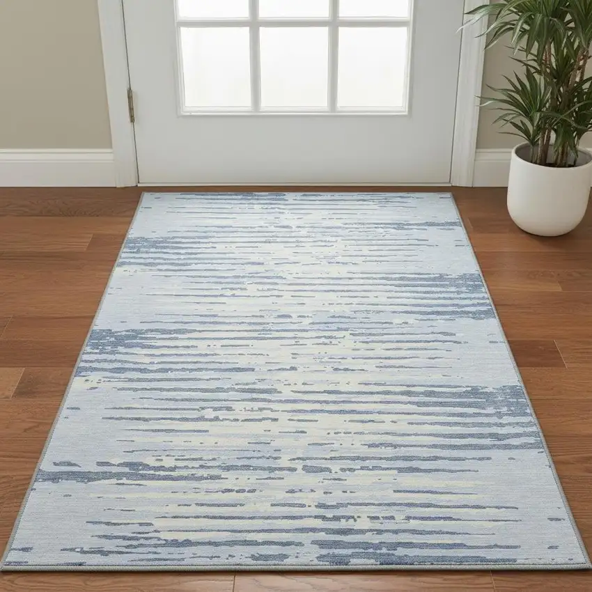 Sky Blue And Ivory Striped Washable Area Rug With UV Protection Photo 2
