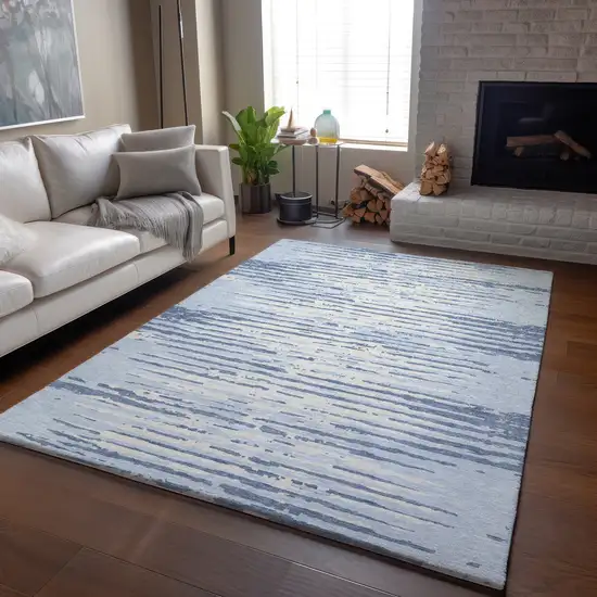 Sky Blue And Ivory Striped Washable Area Rug With UV Protection Photo 6