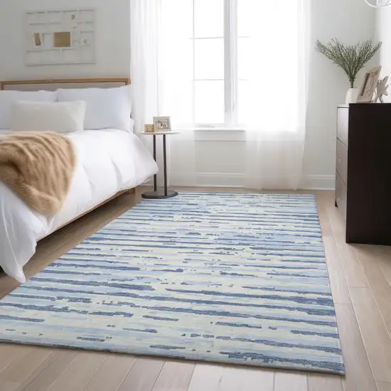 Sky Blue And Ivory Striped Washable Area Rug With UV Protection Photo 5