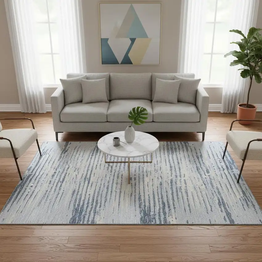 Sky Blue And Ivory Striped Washable Area Rug With UV Protection Photo 2