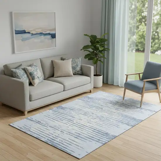 Sky Blue And Ivory Striped Washable Area Rug With UV Protection Photo 1