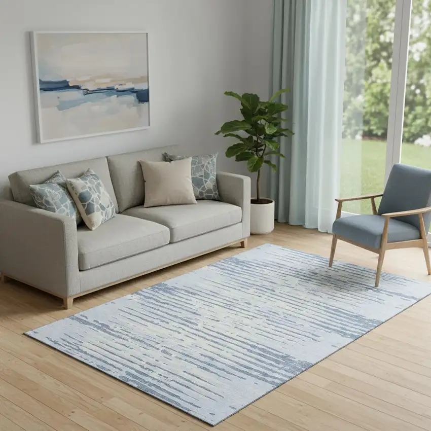 Sky Blue And Ivory Striped Washable Area Rug With UV Protection Photo 1