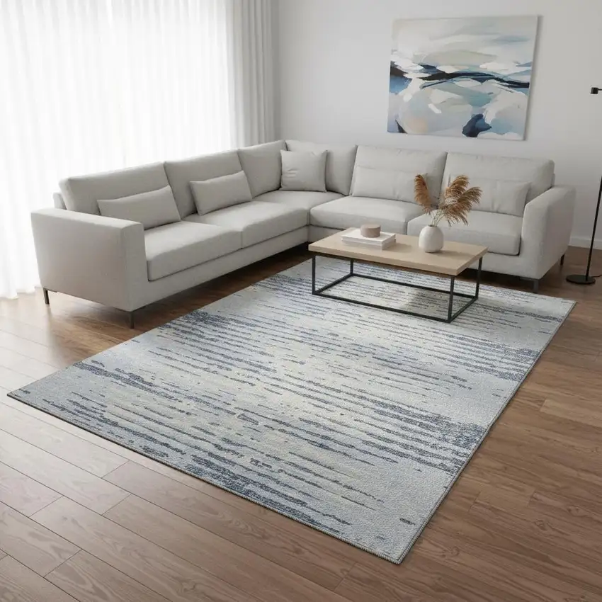 Sky Blue And Ivory Striped Washable Area Rug With UV Protection Photo 2