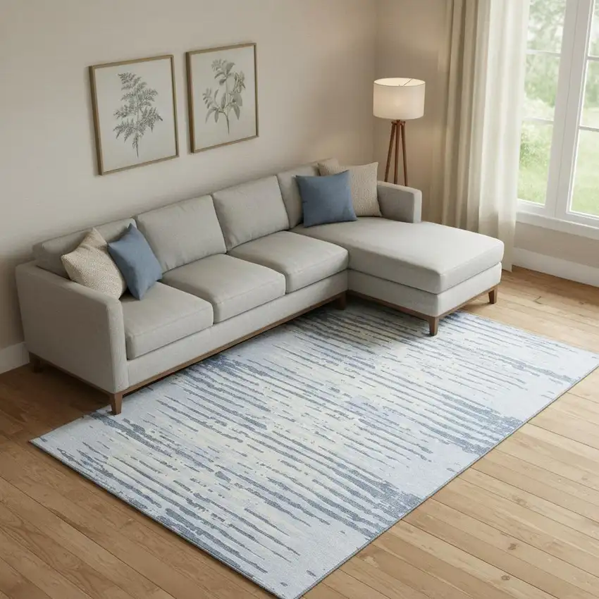 Sky Blue And Ivory Striped Washable Area Rug With UV Protection Photo 1