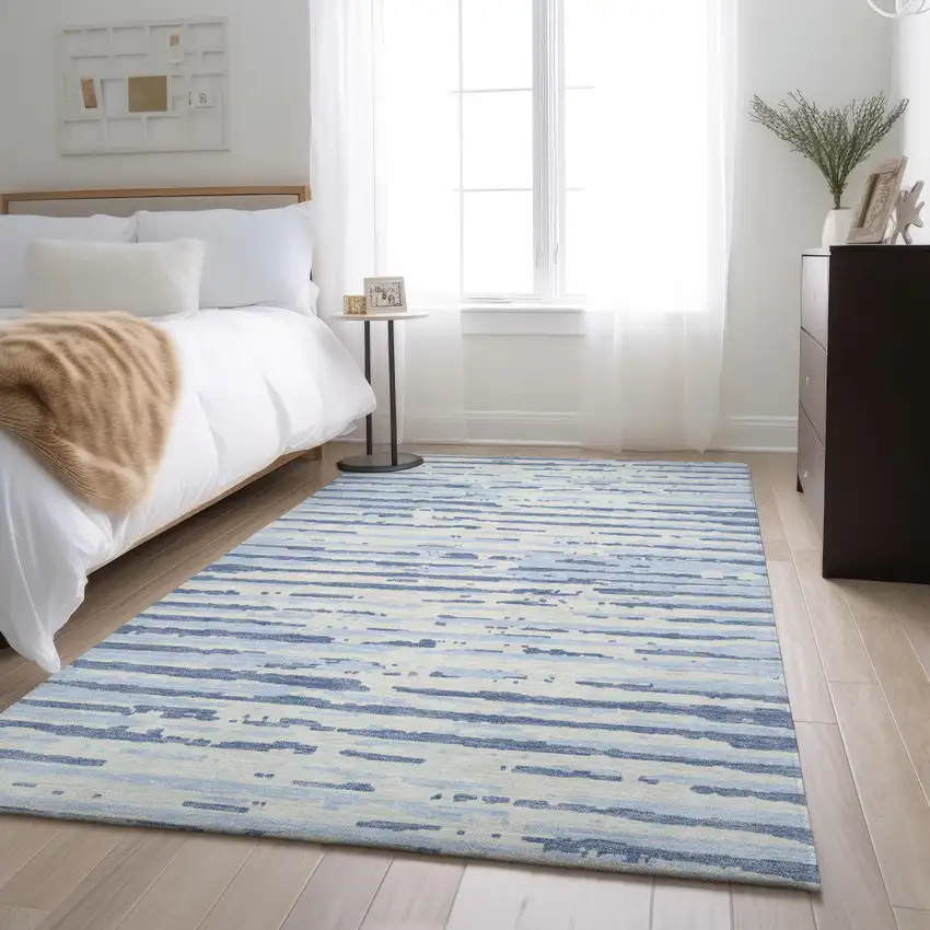 Sky Blue And Ivory Striped Washable Area Rug With UV Protection Photo 5