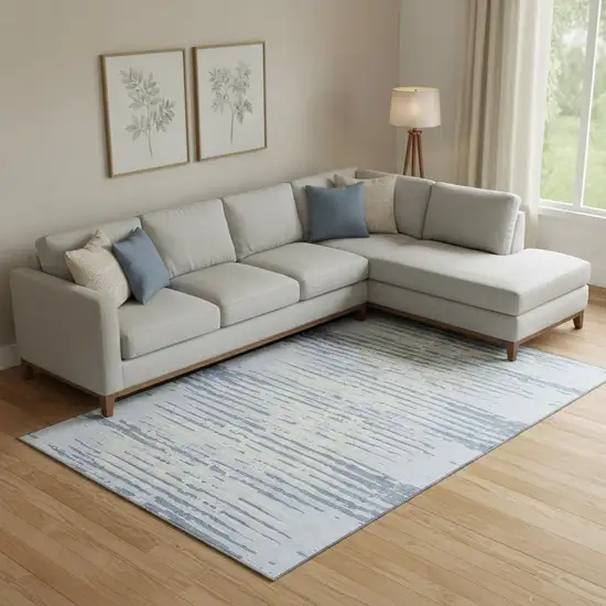 Sky Blue And Ivory Striped Washable Area Rug With UV Protection Photo 1