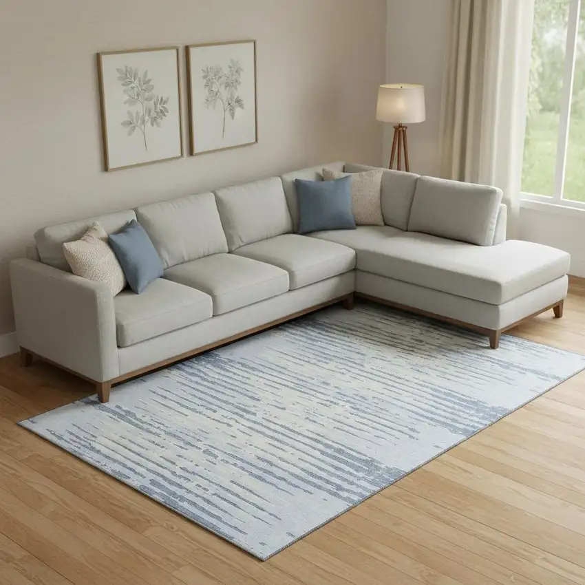Sky Blue And Ivory Striped Washable Area Rug With UV Protection Photo 1