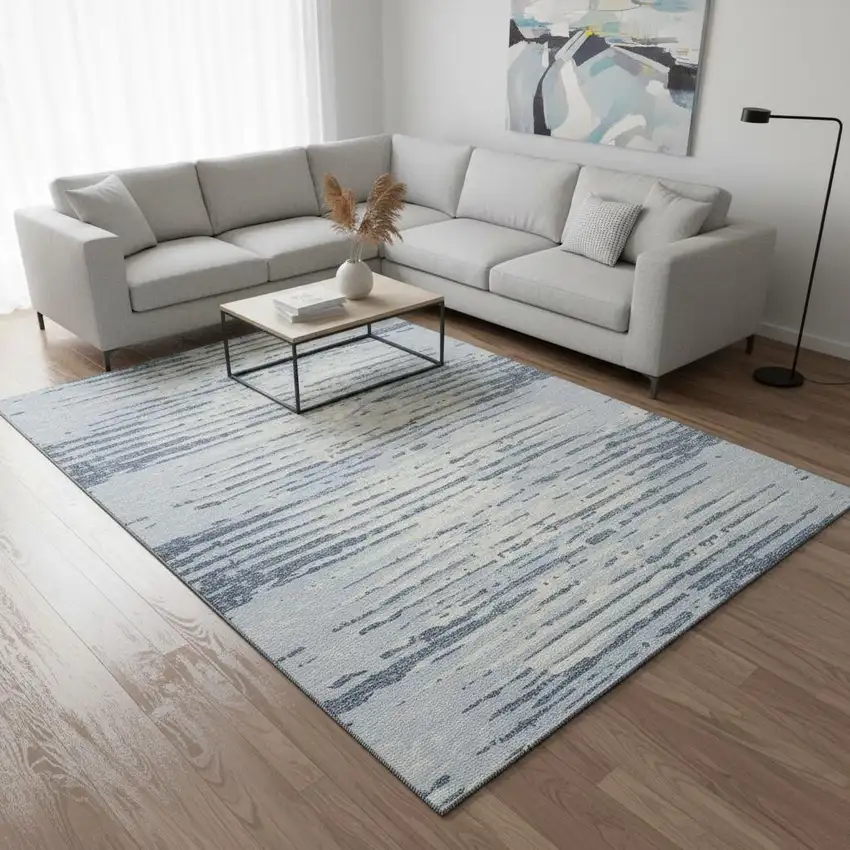Sky Blue And Ivory Striped Washable Area Rug With UV Protection Photo 2