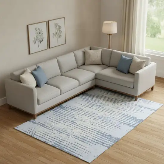 Sky Blue And Ivory Striped Washable Area Rug With UV Protection Photo 1