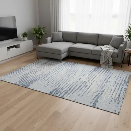 Sky Blue And Ivory Striped Washable Area Rug With UV Protection Photo 2