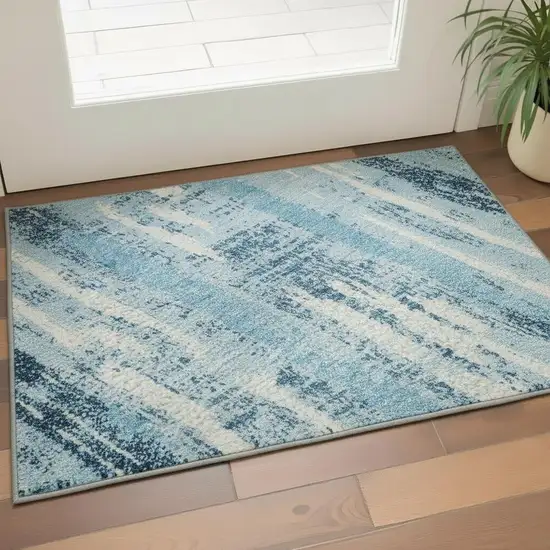 Sky Blue And Ivory Striped Washable Area Rug With UV Protection Photo 2