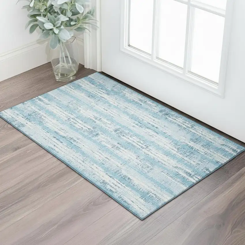 Sky Blue And Ivory Striped Washable Area Rug With UV Protection Photo 1