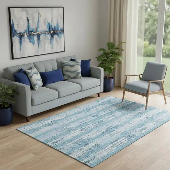 Sky Blue And Ivory Striped Washable Area Rug With UV Protection Photo 1