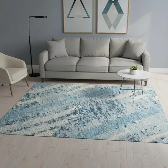 Sky Blue And Ivory Striped Washable Area Rug With UV Protection Photo 2