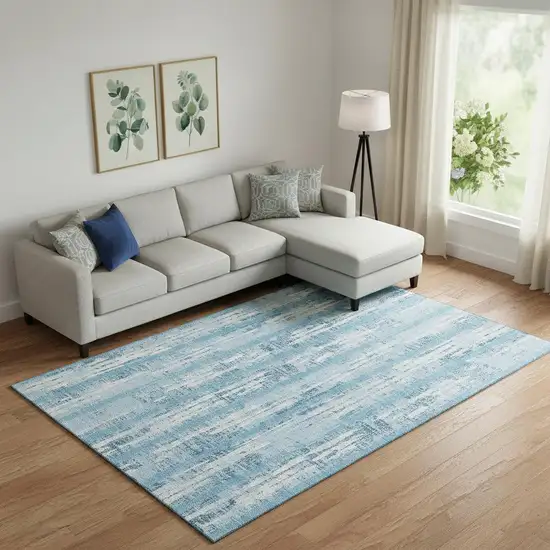Sky Blue And Ivory Striped Washable Area Rug With UV Protection Photo 1