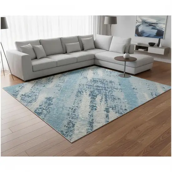 Sky Blue And Ivory Striped Washable Area Rug With UV Protection Photo 2