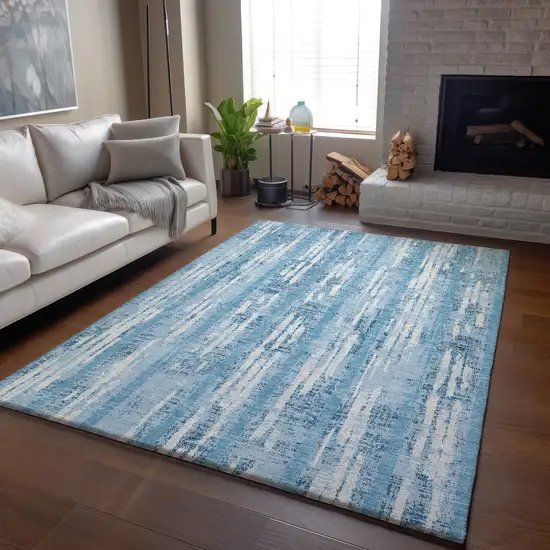 Sky Blue And Ivory Striped Washable Area Rug With UV Protection Photo 4