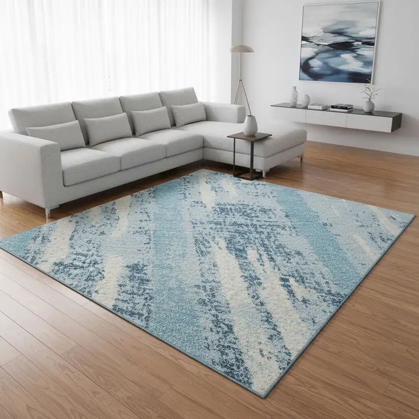 Sky Blue And Ivory Striped Washable Area Rug With UV Protection Photo 2