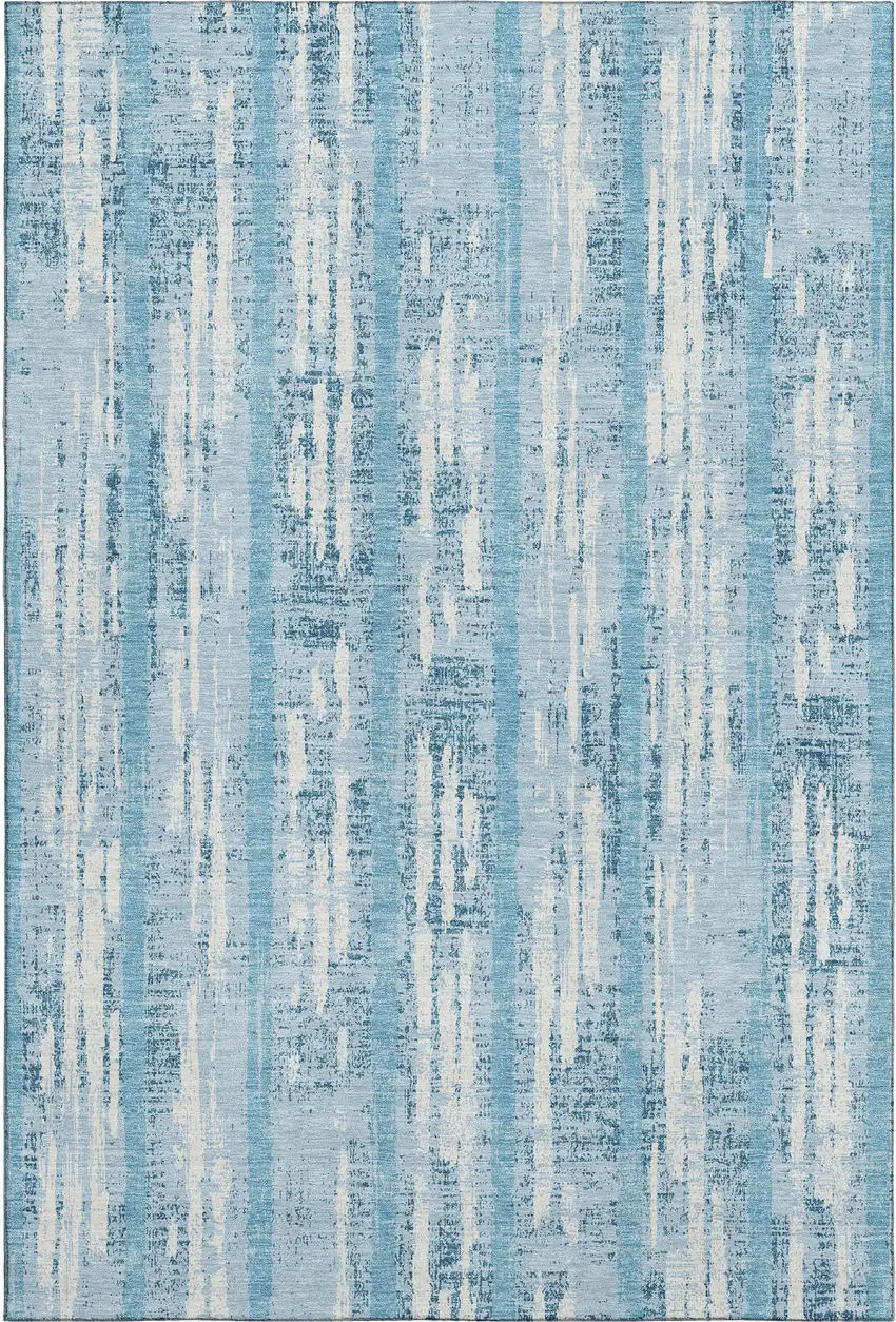 Sky Blue And Ivory Striped Washable Area Rug With UV Protection Photo 6