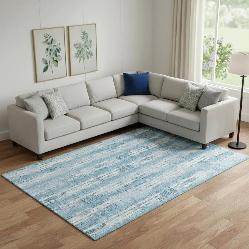 Sky Blue And Ivory Striped Washable Area Rug With UV Protection Photo 1