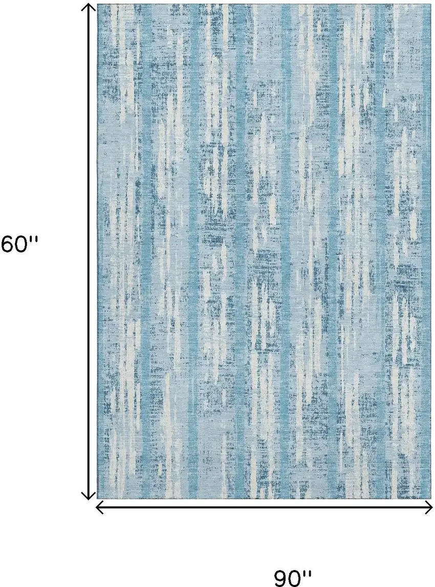 Sky Blue And Ivory Striped Washable Area Rug With UV Protection Photo 7
