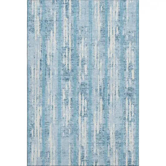 Sky Blue And Ivory Striped Washable Area Rug With UV Protection Photo 6