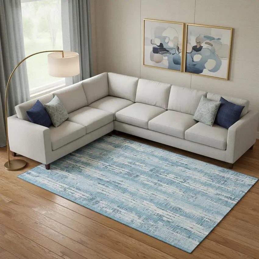 Sky Blue And Ivory Striped Washable Area Rug With UV Protection Photo 1