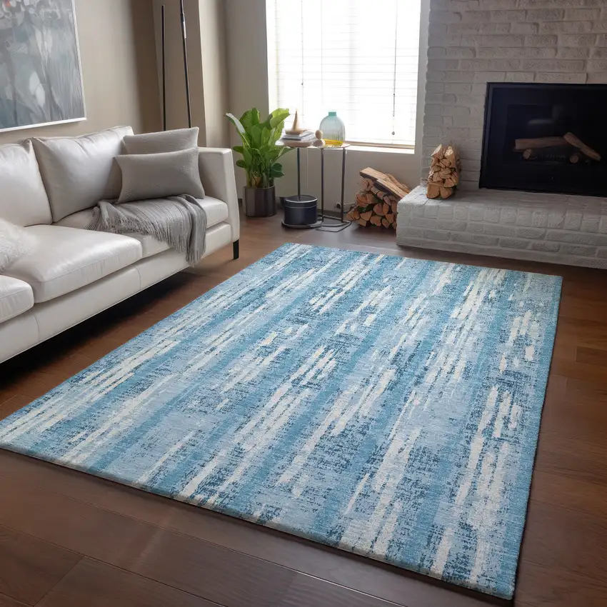 Sky Blue And Ivory Striped Washable Area Rug With UV Protection Photo 5