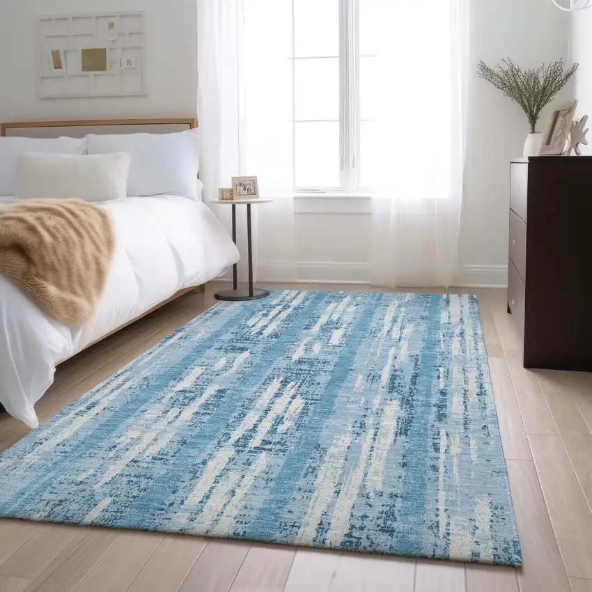Sky Blue And Ivory Striped Washable Area Rug With UV Protection Photo 4