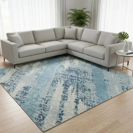 Sky Blue And Ivory Striped Washable Area Rug With UV Protection Photo 2