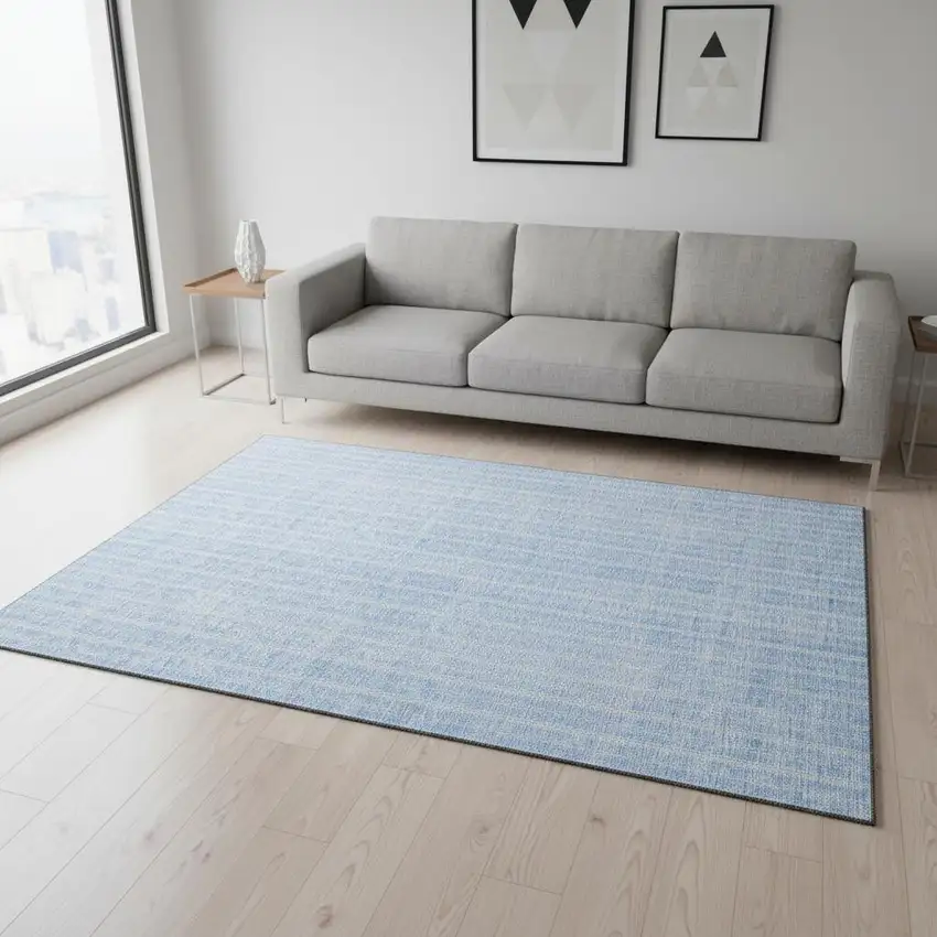 Sky Blue And Ivory Striped Washable Area Rug With UV Protection Photo 2