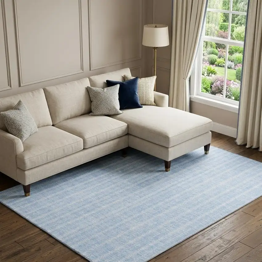 Sky Blue And Ivory Striped Washable Area Rug With UV Protection Photo 1