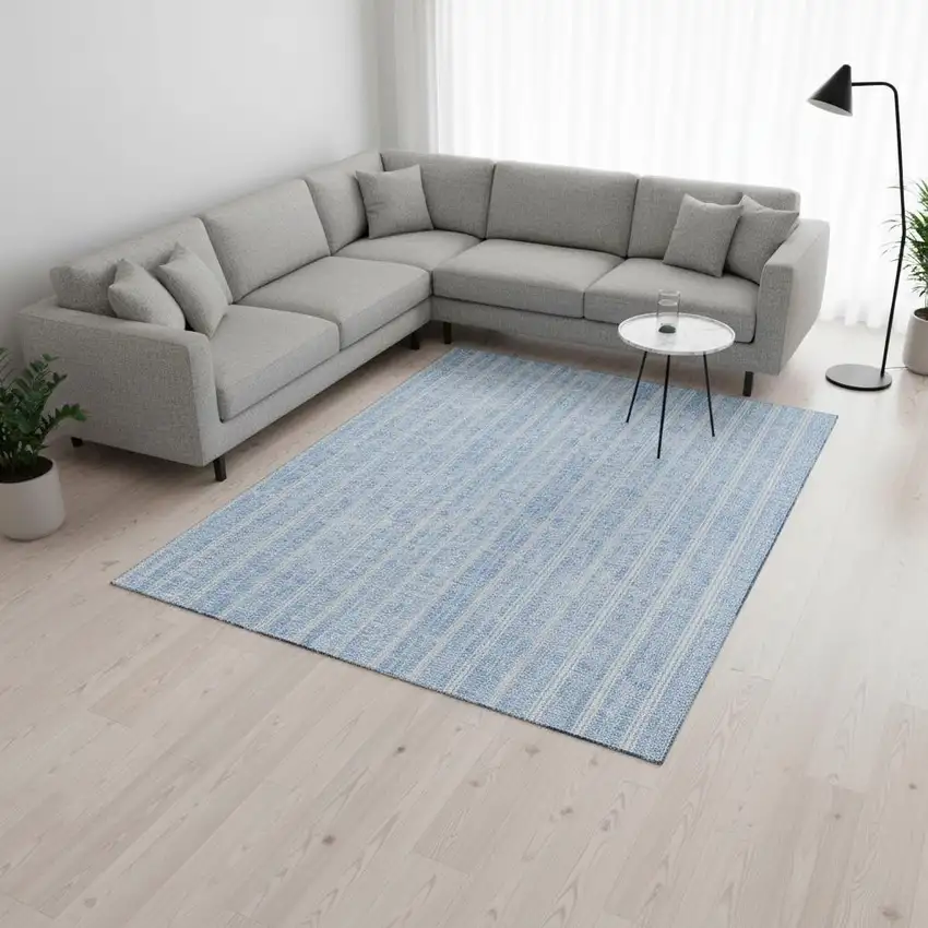 Sky Blue And Ivory Striped Washable Area Rug With UV Protection Photo 2