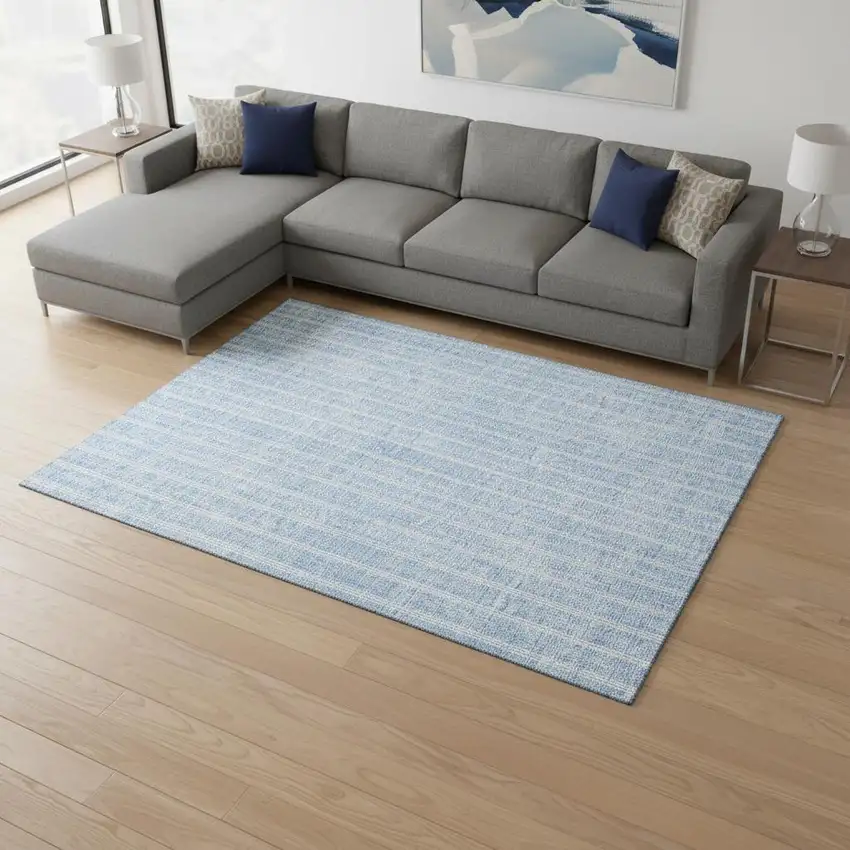 Sky Blue And Ivory Striped Washable Area Rug With UV Protection Photo 2